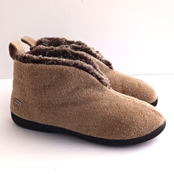 Acorn Bootie Slippers Tan Wool Faux Fur Lined Hard Rubber Sole Ladies 9 - Picture 2 of 10